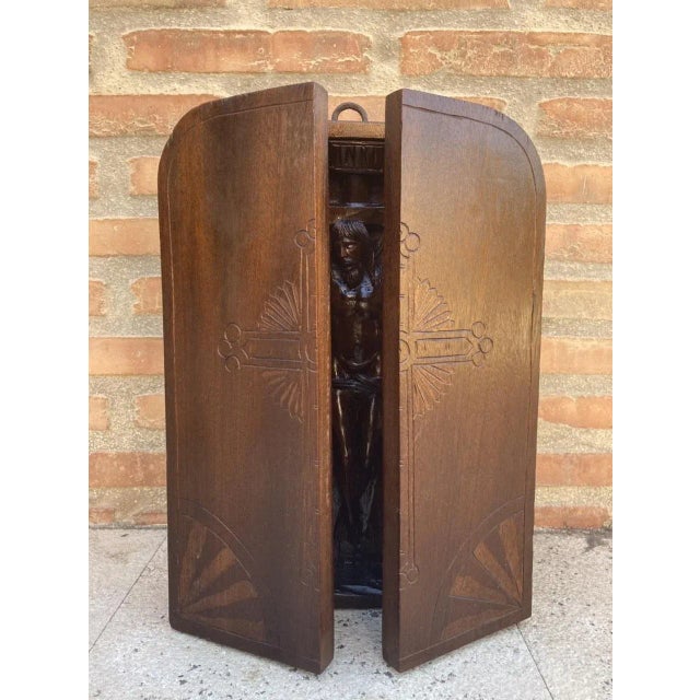 French Antique Hand Carved Walnut Wood Religious Triptych or Carved Wall Sculpture Panel, 1890s For Sale - Image 15 of 18