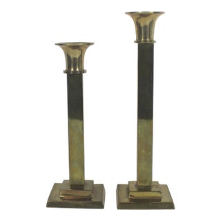 Mid Century Set of Two Vintage Brass Candle Holders, Candle Sticks, Pair of Candleholders, 2 Tall Candlesticks Retro Patina Square For Sale