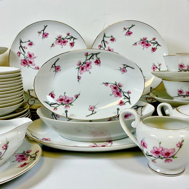 1940s Vintage Hollywood Regency Japanese Minimalist Cherry Blossom Dinnerware - Set of 56 For Sale - Image 12 of 14