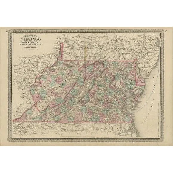 Late 19th Century Antique Map of Virginia, Delaware, Maryland and West Virginia by Johnson, 1872 For Sale - Image 5 of 5