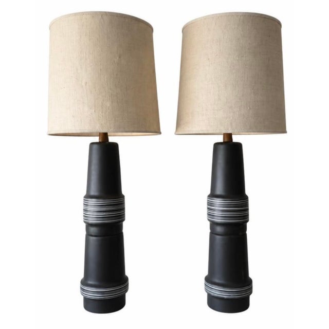 1960s Rare 60s Vintage Pair Monumental Double Stacked Tootsie Roll Jane and Gordon Martz Dark Gray Table Lamps For Sale - Image 5 of 9