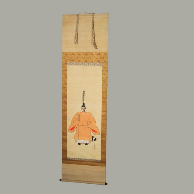 Art Deco Japanese Emperor Taisho Scroll Ink on Silk Signed Gilt Laquered Wood Rollers For Sale - Image 3 of 11