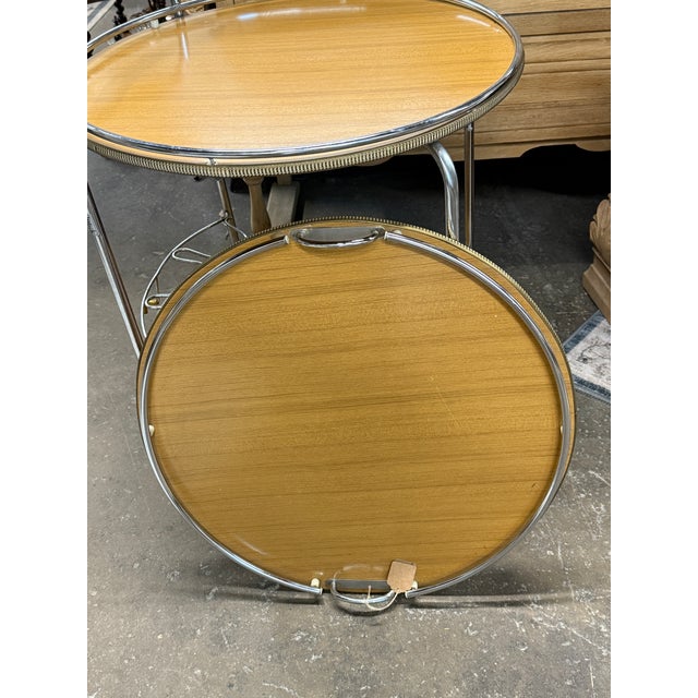 French Vintage French Mid-Century Chrome & Wood Two-Tier Bar Cart With Removable Tray For Sale - Image 3 of 10
