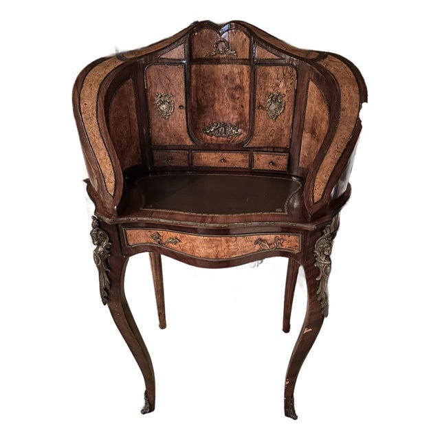 Antique French-Style Writing Desk With Ornate Carvings & Inlaid Wood For Sale