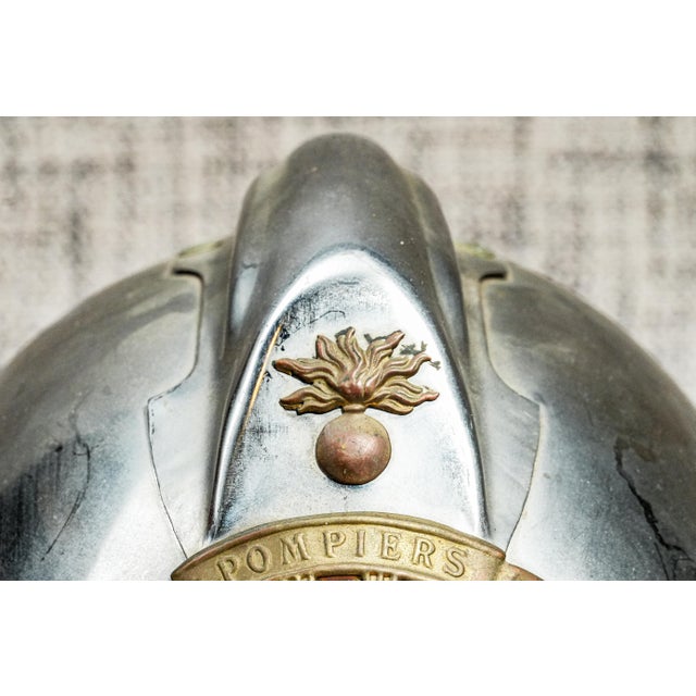 French Fascinating Antique French France Fireman's Helmet Decorative Silver Tone Metal With Bronze Crest Home Decor For Sale - Image 3 of 11