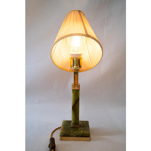 Art Deco Jade Table Lamp with Brass and Fabric Shade, 1920s For Sale - Image 16 of 18