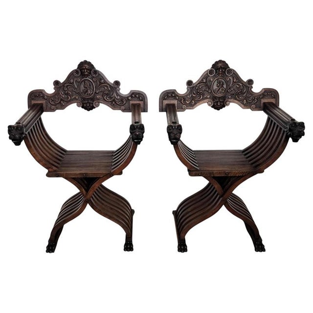 Italian Savonarola Armchairs in Carved Walnut, 1900, Set of 2 For Sale - Image 12 of 12