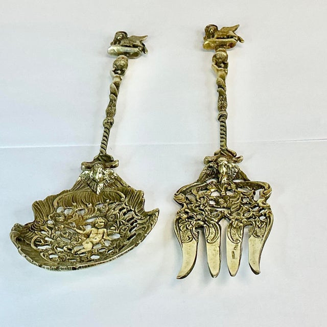 1940s Vintage Italian Baroque Rocco Brass Serving Utensils, Fork and Spoon - Set of 2 For Sale - Image 9 of 9