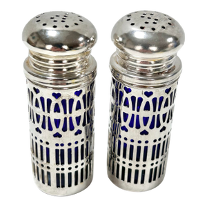 1980s Art Deco Style Silverplated Salt and Pepper Shakers With Cobalt Blue Glass - A Pair