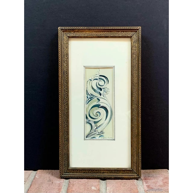 Unique, original watercolor featuring a neoclassical style flourish in muted blues & grays in an off-white matte. Vintage...