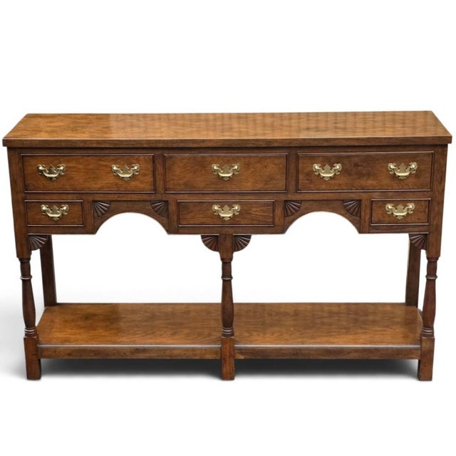 Late 20th Century Baker Furniture Georgian-Style Carved Oak Welsh Dresser With Open Plate Rack [2-Part], Brass Bail Hardware and Turned Supports For Sale In Washington DC - Image 6 of 15