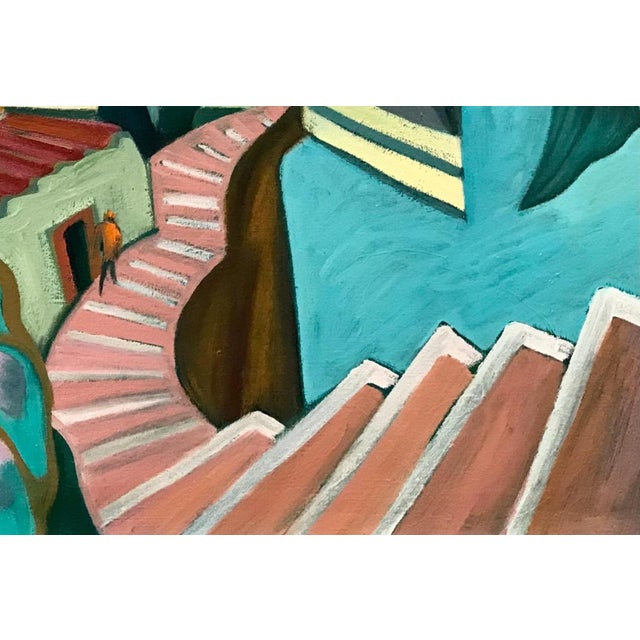 Marc Zimmerman "Nuevo Vallarta" Oil Painting, Mexican Coastal Village, Pink Tower, Teal Architecture, Contemporary Art West Coast For Sale In Monterey, CA - Image 6 of 9