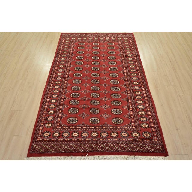 Tribal Bokhara Rug 5’2” X 7’9” Red Wool Tribal Hand-Knotted Oriental Carpet For Sale - Image 3 of 13