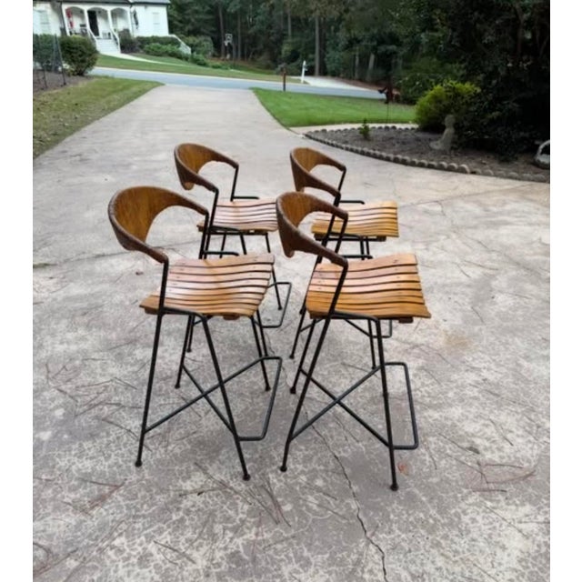 Wrought Iron, Wicker and Wood Slatted Bar Stools by Arthur Umanoff for Raymor, 1950s