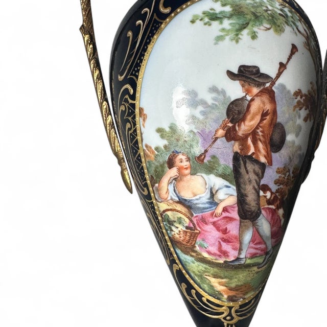 Antique Sevres Style Cobalt Blue Porcelain Vase, Double Handled Lidded Urn For Sale - Image 12 of 14