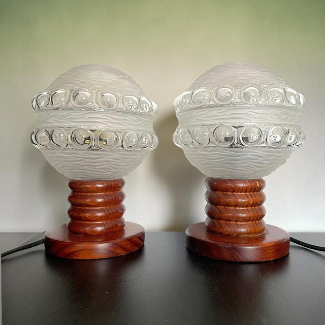 Mid-Century Portuguese Wood and Frosted Glass Table Lamps, 1960s, Set of 2 For Sale - Image 12 of 12