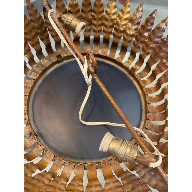 Metal Large Spanish Crown Sunburst Fixture in Gilt Metal and Frosted Glass, 1950 For Sale - Image 7 of 10