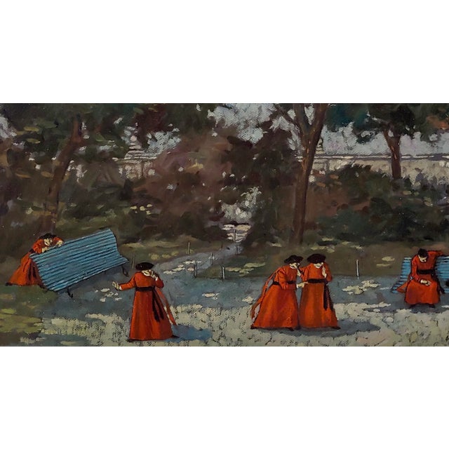 Mid-Century Modern Nino Caffe "10 Cardinals Playing in the Garden" Oil Painting For Sale - Image 3 of 14