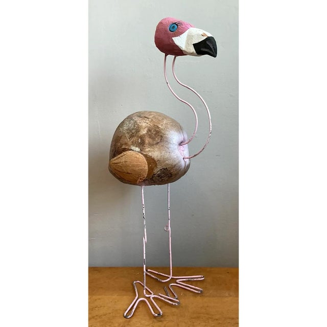 Vintage Coconut and Metal Flamingo Sculpture For Sale - Image 9 of 12