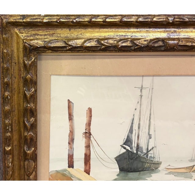 Mid-Century Modern Mid Century Maritime Watercolor Painting - Sailboat in a Harbor - Signed, Fantastic Gilt Wood Frame For Sale - Image 3 of 8