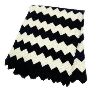 Retro 1970's Minimalist Mod Hand Made Black & White Zig Zag Blanket Throw