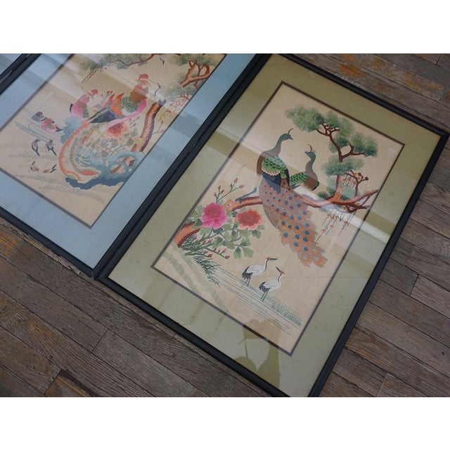 Ivory Wonderful Ivory Color With Floral Design Antique Set of Silk Embroidery of Peacock & Phoenix For Sale - Image 8 of 15