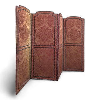 Four-Panel Screen in Red Silk with Brass Nails For Sale