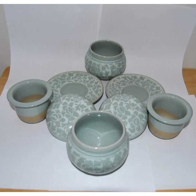 Authentic Celadon Pottery Tea Bowls Lidded Chawan and Saucers W/ Strainers- Set of 2 For Sale - Image 4 of 9