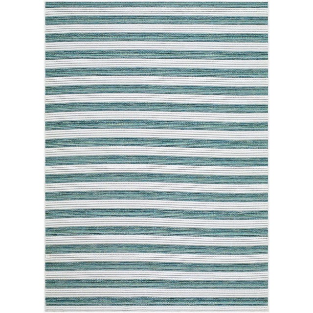 Outdoor Cabana Stripe Rug in Teal Ivory, 9x12 For Sale