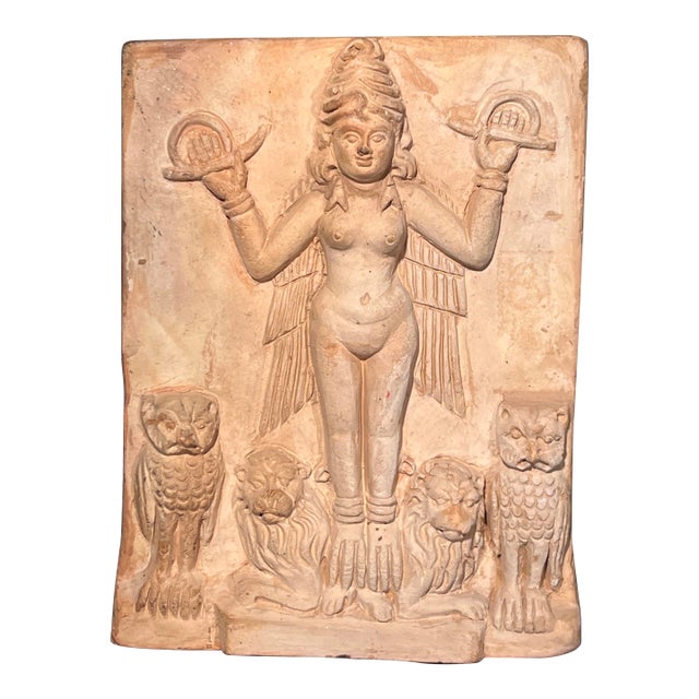 Antique Handmolded Rare Terracotta Plaque Depicting Babylonian Goddess Ishtar or Lilith For Sale
