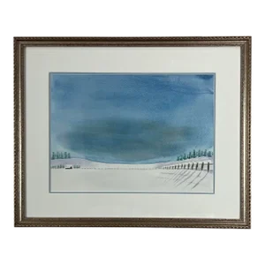 Late 20th Century Serene Snow Watercolor, Framed