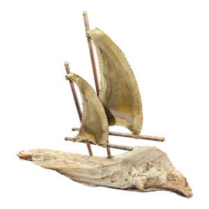 Vintage Brutalist Metal Sailboat Sculpture Driftwood Mounted