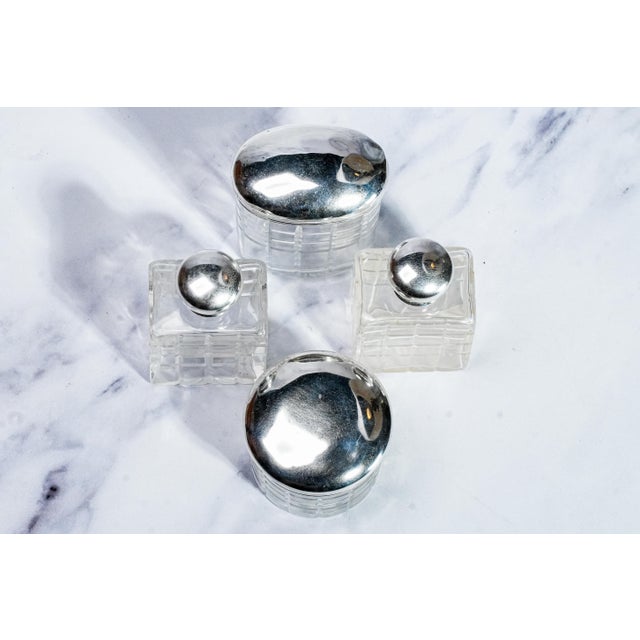 Set of 4, Beautiful Set Mappin and Webb Antique English Sterling Silver and Crystal Geometric Cut Pattern Vanity Dresser Jar and Bottle For Sale - Image 4 of 16