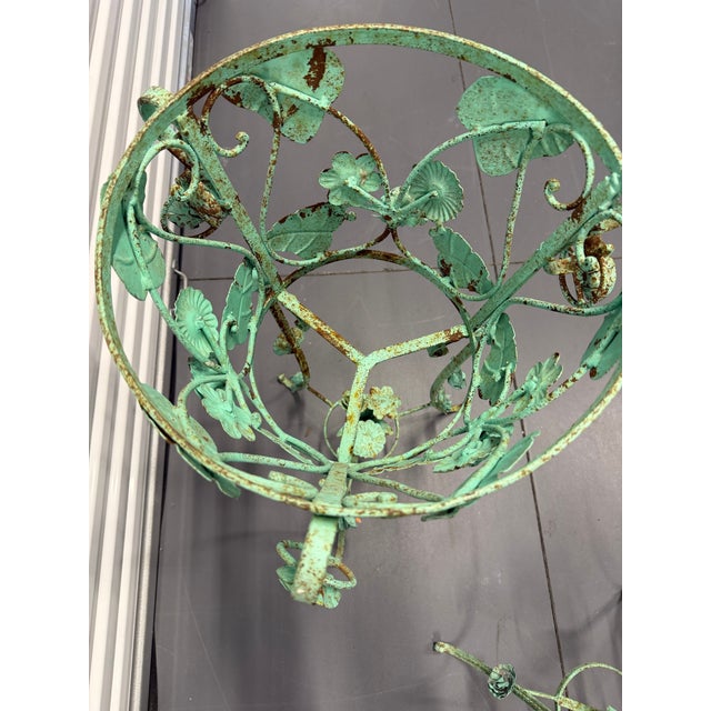 1970s Large Verdigris Wrought Iron Standing Planters With Decorative Dangling Rose and Leaf Motif, a Pair For Sale In Los Angeles - Image 6 of 12
