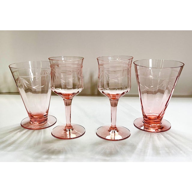 Vintage Pink Glassware Set- 2 Wine Glasses & 2 Footed Tumblers For Sale - Image 12 of 12