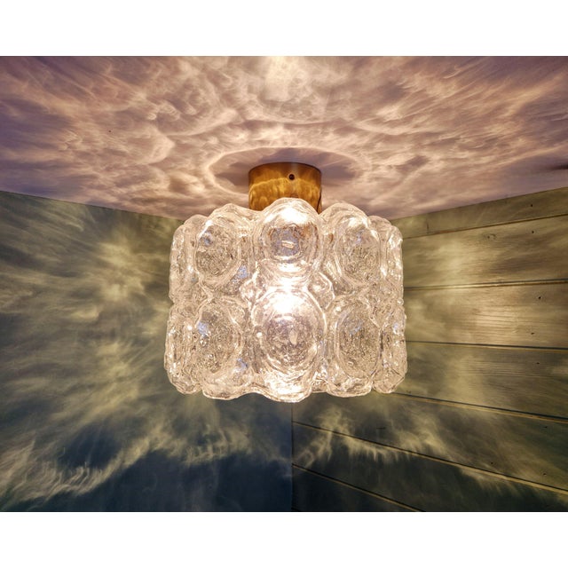 Ceiling Light in Brass and Textured Clear Glass by Helena Tynell for Glashütte Limburg, 1970, in Very Good conditions....