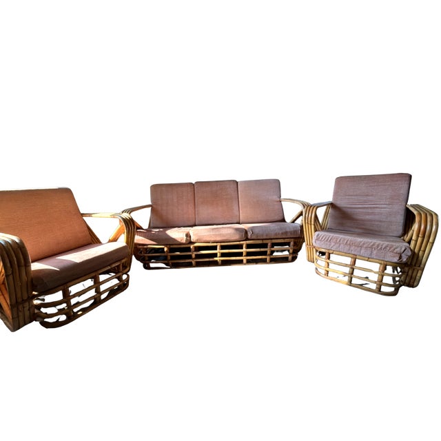 Vintage Six-Strand Square Pretzel Rattan Sofa + Pair of Lounge Chairs, Style of Paul Frankl For Sale - Image 14 of 14