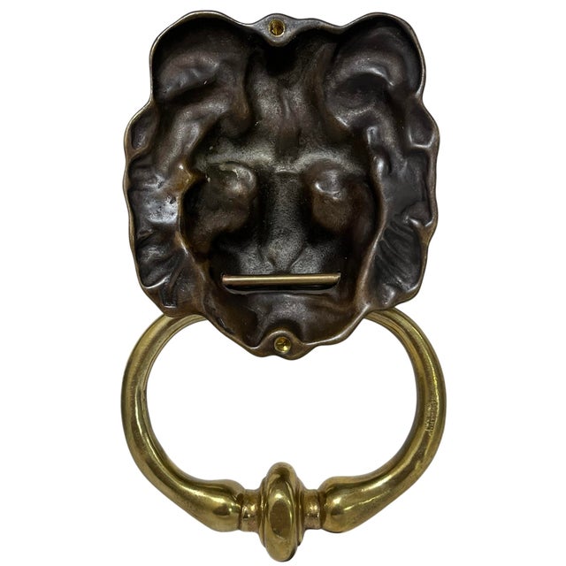 Metal Antique English Brass Lion Head Door Knocker For Sale - Image 7 of 11
