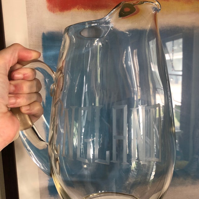 1960s Vintage Large Engraved Glass Pitcher “England” For Sale - Image 5 of 12