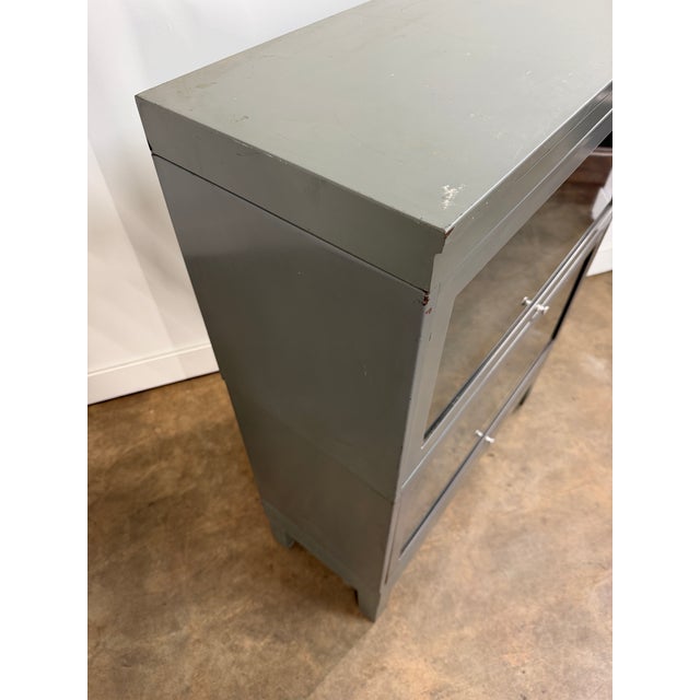 Gray Vintage Industrial Steel Barrister Bookcase With Glass Lift-Up Doors For Sale - Image 8 of 13