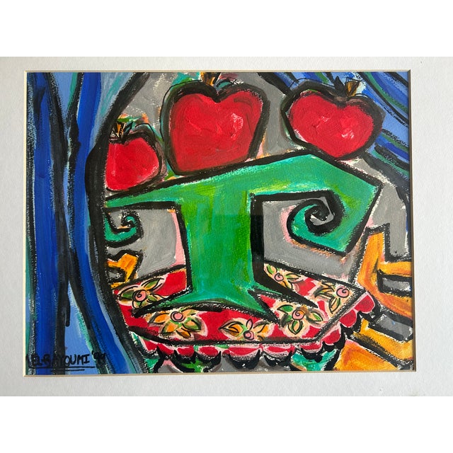 vibrant and highly personal original mixed media painting by Egyptian-American artist Mona A. El-Bayoumi, depicting three...