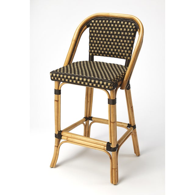 Wood Lila Rattan 28 in. Seat Height Bar Stool with Back and Footrest, Chocolate Rattan For Sale - Image 7 of 7