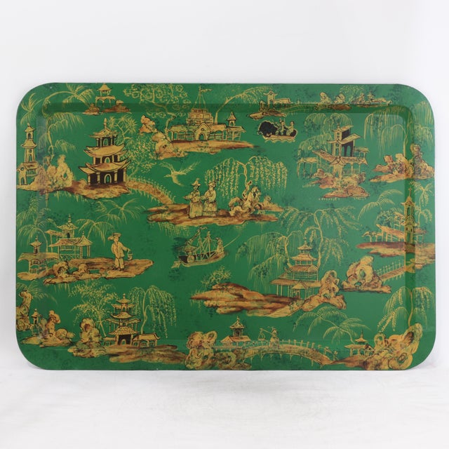 Vintage Hand Painted Chinoiserie Tole Tray Emerald Green and Gold Lacquer Rectangular Serving Tray For Sale - Image 16 of 16