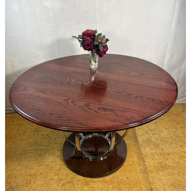 Wood Vintage Art Deco Round Dining Table with Oak Top & Chrome Base, 1990s For Sale - Image 7 of 9