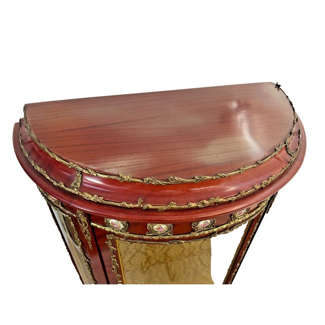 Brown Vintage French Curio China Cabinet Vitrine Demilune Lighted Locking Curved Glass For Sale - Image 8 of 13