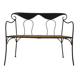 Late 20th Century Vintage Iron and Rattan Bench For Sale