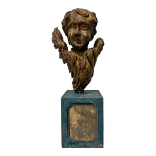 19th Century, Italian Giltwood Winged Cherub Fragment on Faux Marbleized Base For Sale