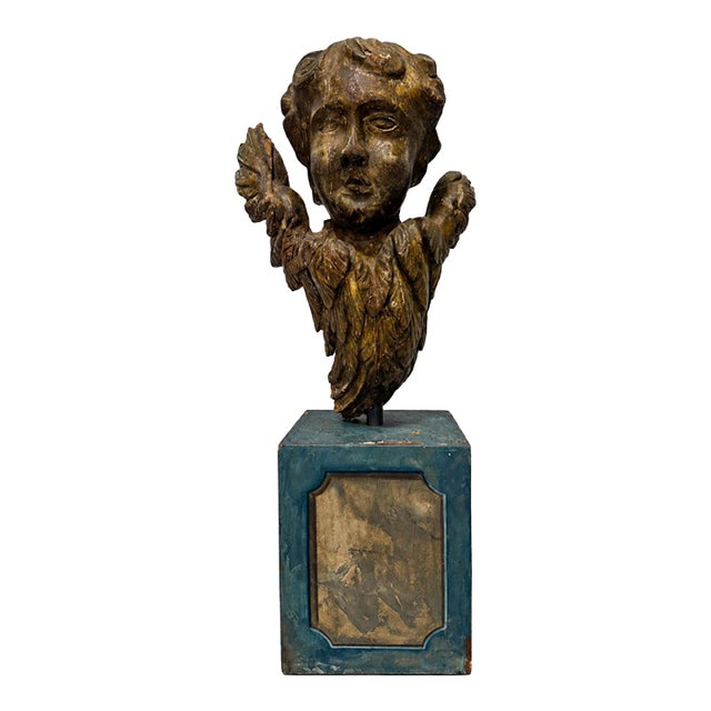 19th Century, Italian Giltwood Winged Cherub Fragment on Faux Marbleized Base For Sale