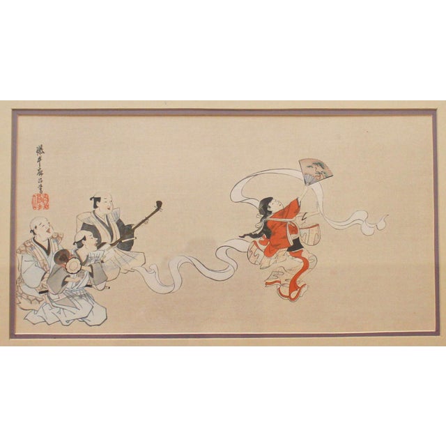 Japanese woodblock print, The Nunozarashi Dance, late19th-early 20th century. After Itcho Hanabusa's work. Signed upper...