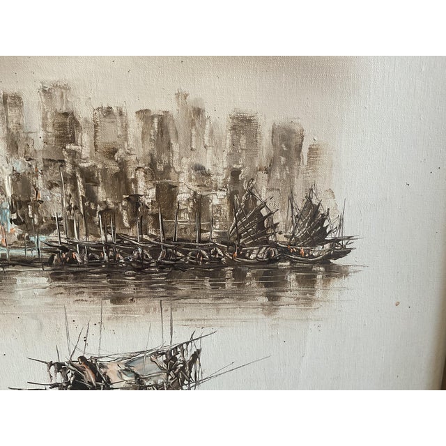 Framed Asian Harbor Scene Ink Wash Drawing Fishing Boats Landscape For Sale - Image 9 of 11